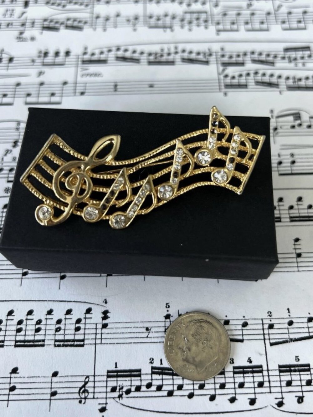 Vintage Gold-Tone Musical Treble Clef & Rhinestone Brooch Pin